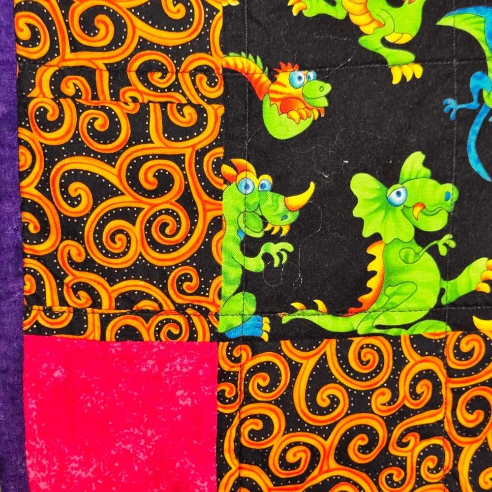 Handmade Dinosaur Patchwork Quilt Kids Square Blanket Fleece Back Purple 34x34‎